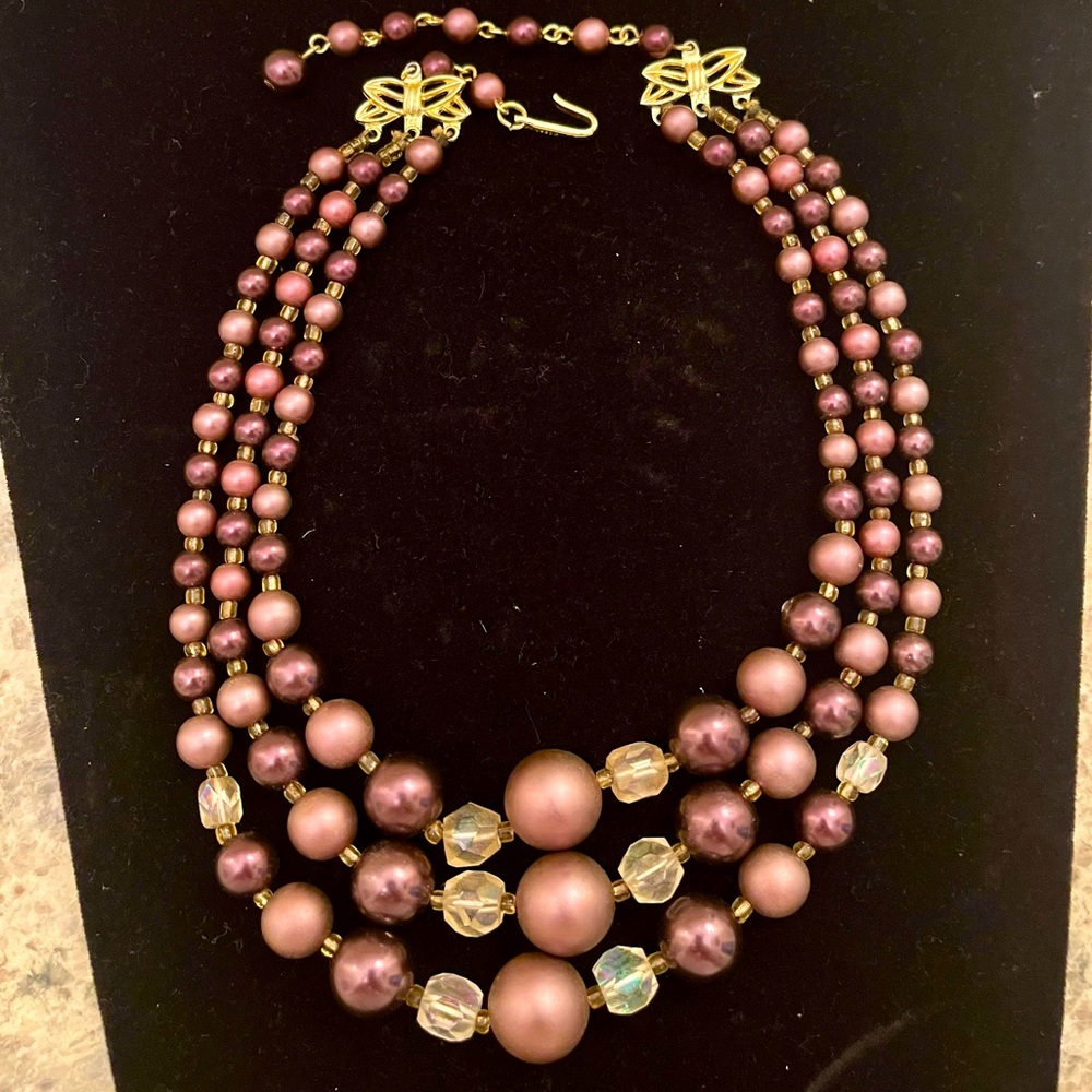 Three strands faux big purple pearls and clear roundels, vintage made in Japan